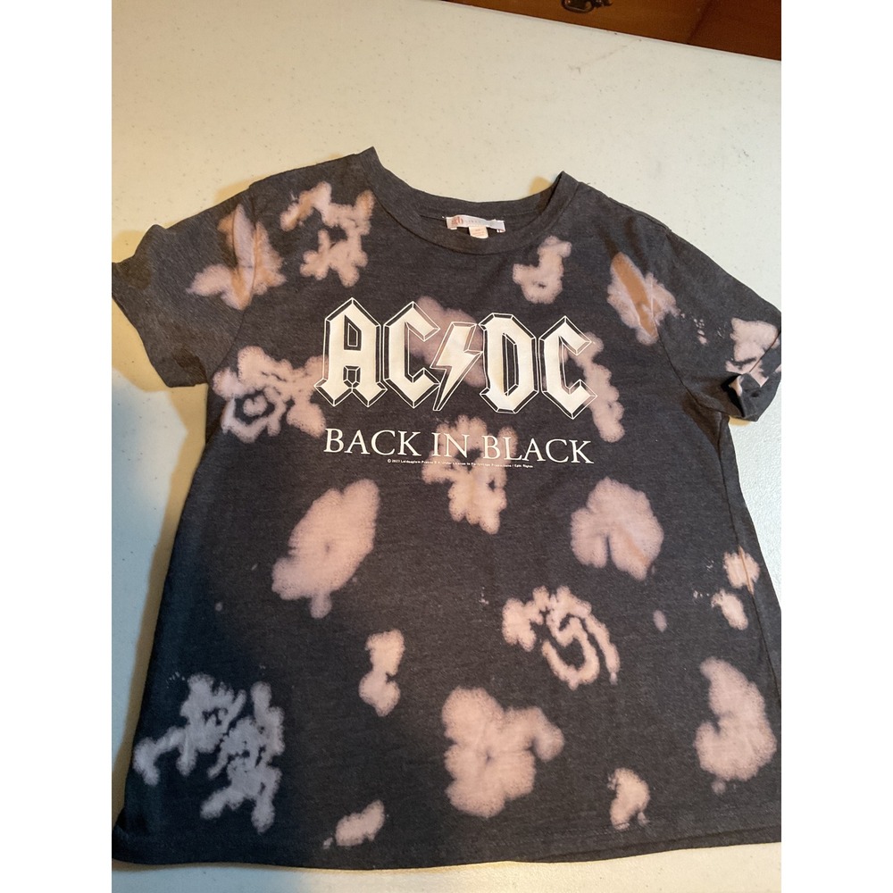 GB Girls AC/DC Back In Black Bleach Tie Dye Graphic T-Shirt Gray Size‎ Medium